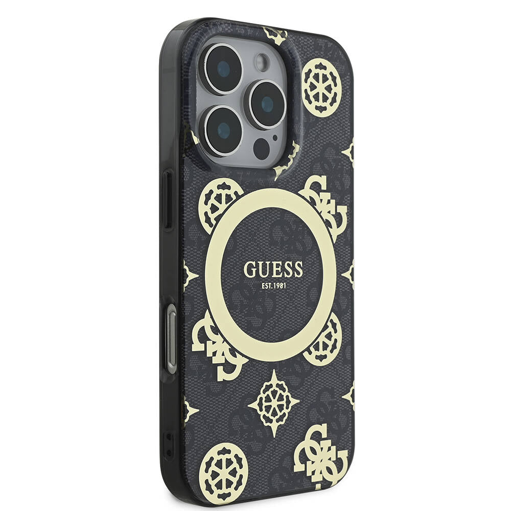 Apple iPhone 16 Pro Max Kılıf Guess Orjinal Lisanslı Magsafe Şarj Özellikli IML Peony ve 4G Desenli Klasik Logolu Kapak Pembe