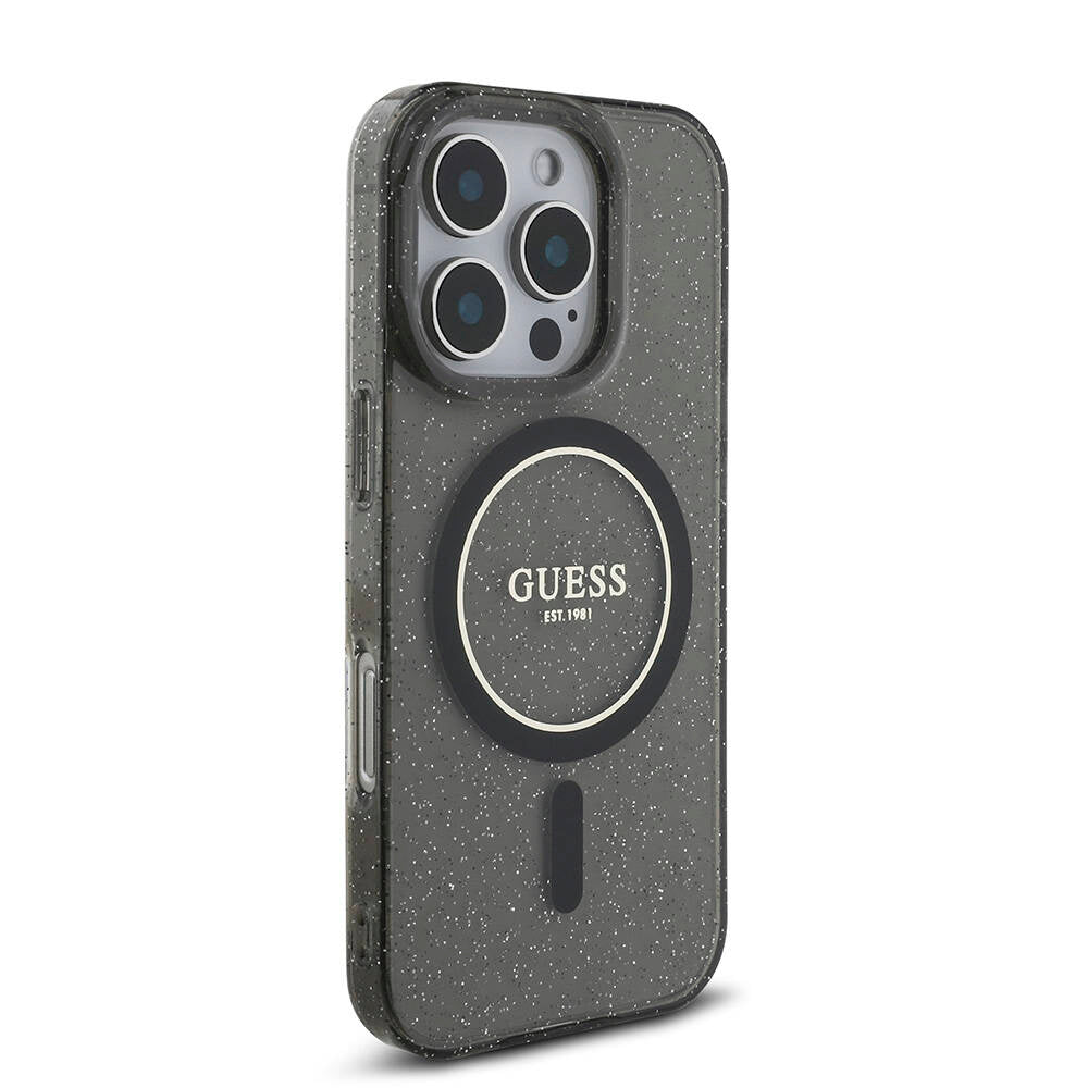 Apple iPhone 16 Pro Max Kılıf Guess Orjinal Lisanslı Magsafe Şarj Özellikli Simli Silikon İnci Bileklikli Kapak Siyah