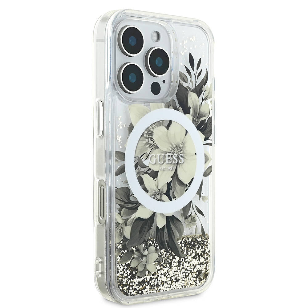 Apple iPhone 16 Pro Max Kılıf Guess Orjinal Lisanslı Magsafe Şarj Özellikli Sıvılı Simli Çiçek Desenli Kapak Yeşil