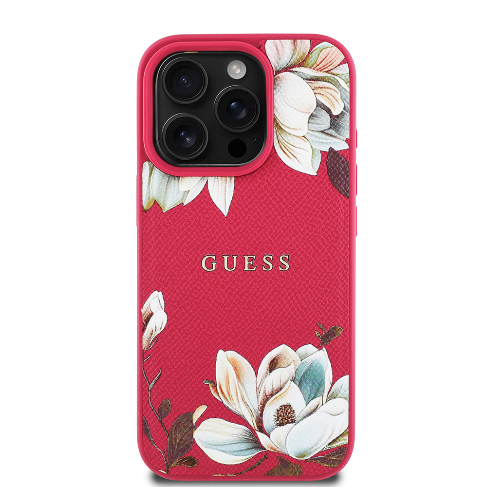 Apple iPhone 16 Pro Max Kılıf Guess Orjinal Lisanslı Magsafe Şarj Özellikli Taneli Çiçek Tasarımlı Metal Yazı Logolu Kapak Kırmızı