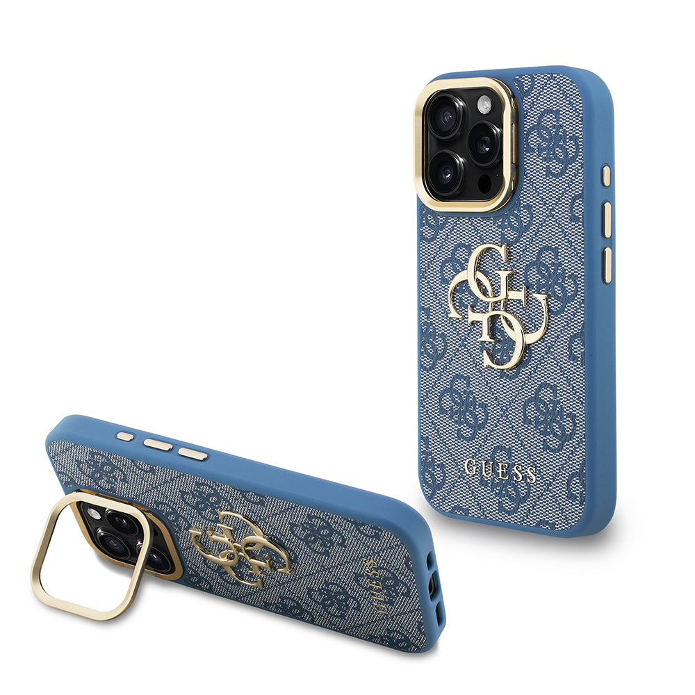 Apple iPhone 16 Pro Max Kılıf Guess Orjinal Lisanslı PU Deri 4G Desenli Metal Büyük 4G ve Yazı Logolu Kamera Standlı Kapak Mavi