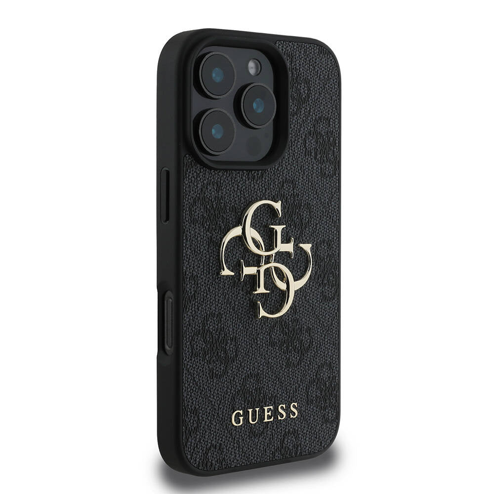 Apple iPhone 16 Pro Max Kılıf Guess Orjinal Lisanslı PU Deri 4G Desenli Metal Büyük 4G ve Yazı Logolu Kapak Pembe