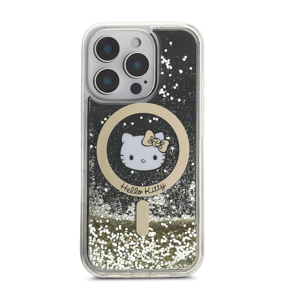 iPhone 16 Pro Max Kılıf Hello Kitty Orjinal Lisanslı Magsafe Şarj Özellikli IML Baskı Kitty Head Logolu Sıvılı Simli Altın Ateşi Kılıf Siyah