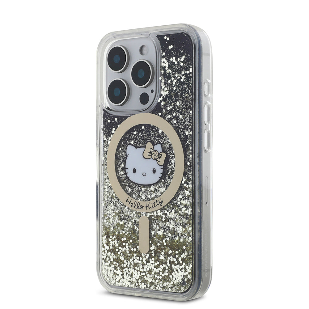 iPhone 16 Pro Max Kılıf Hello Kitty Orjinal Lisanslı Magsafe Şarj Özellikli IML Baskı Kitty Head Logolu Sıvılı Simli Altın Ateşi Kılıf Siyah