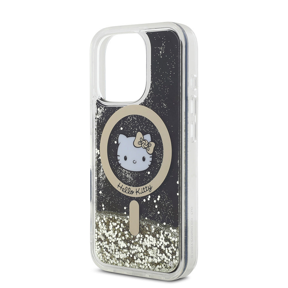iPhone 16 Pro Max Kılıf Hello Kitty Orjinal Lisanslı Magsafe Şarj Özellikli IML Baskı Kitty Head Logolu Sıvılı Simli Altın Ateşi Kılıf Siyah
