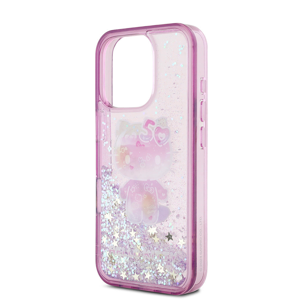 iPhone 16 Pro Max Kılıf Hello Kitty Orjinal Lisanslı Sıvılı Simli 50. Yıldönümü Partisi Kılıf Mor