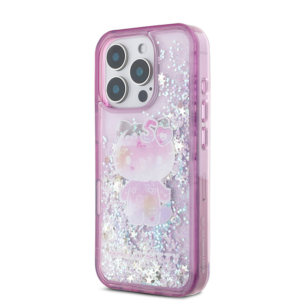 iPhone 16 Pro Max Kılıf Hello Kitty Orjinal Lisanslı Sıvılı Simli 50. Yıldönümü Partisi Kılıf Mor