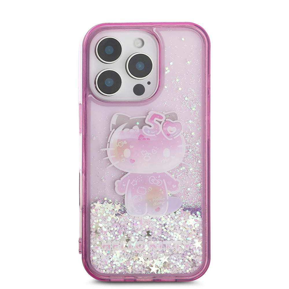 iPhone 16 Pro Max Kılıf Hello Kitty Orjinal Lisanslı Sıvılı Simli 50. Yıldönümü Partisi Kılıf Mor