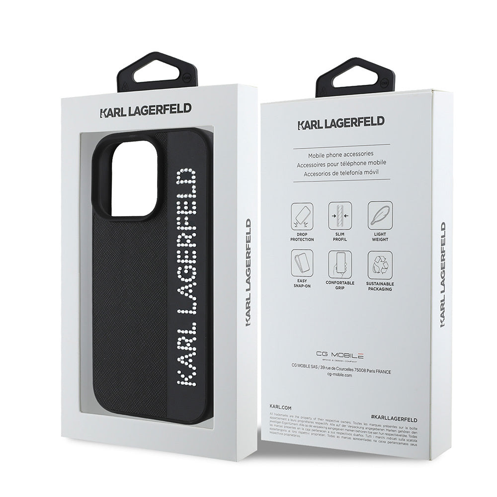 iPhone 16 Pro Max Kılıf Karl Lagerfeld Orjinal Lisanslı Anahtarlıklı Taşlı KL Yazılı Saffiano Rhinestones Kılıf Siyah