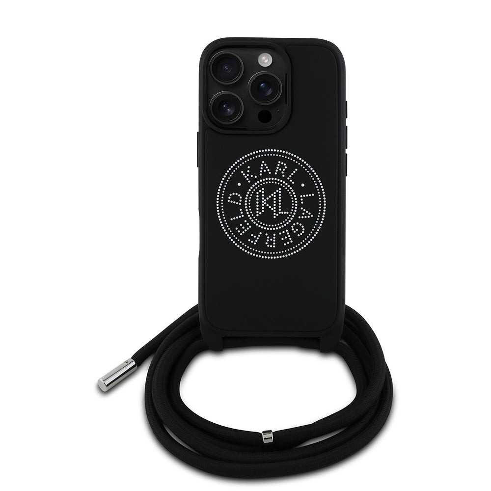 iPhone 16 Pro Max Kılıf Karl Lagerfeld Orjinal Lisanslı Askı İpli Taşlı KL Yazılı Crossbody Cord Kılıf Siyah