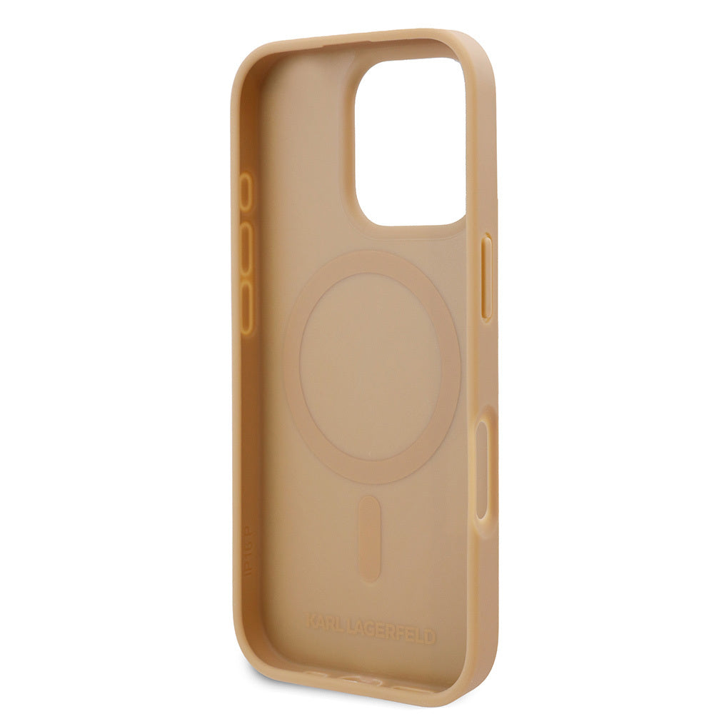iPhone 16 Pro Max Karl Lagerfeld Orjinal Lisanslı Magsafe Şarj Özellikli KL Yazılı Hot Stamp Kılıf Krem