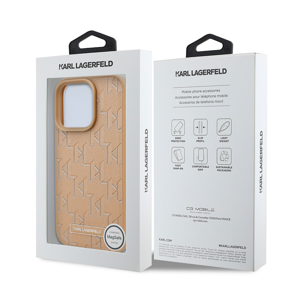 iPhone 16 Pro Max Karl Lagerfeld Orjinal Lisanslı Magsafe Şarj Özellikli KL Yazılı Hot Stamp Kılıf Krem