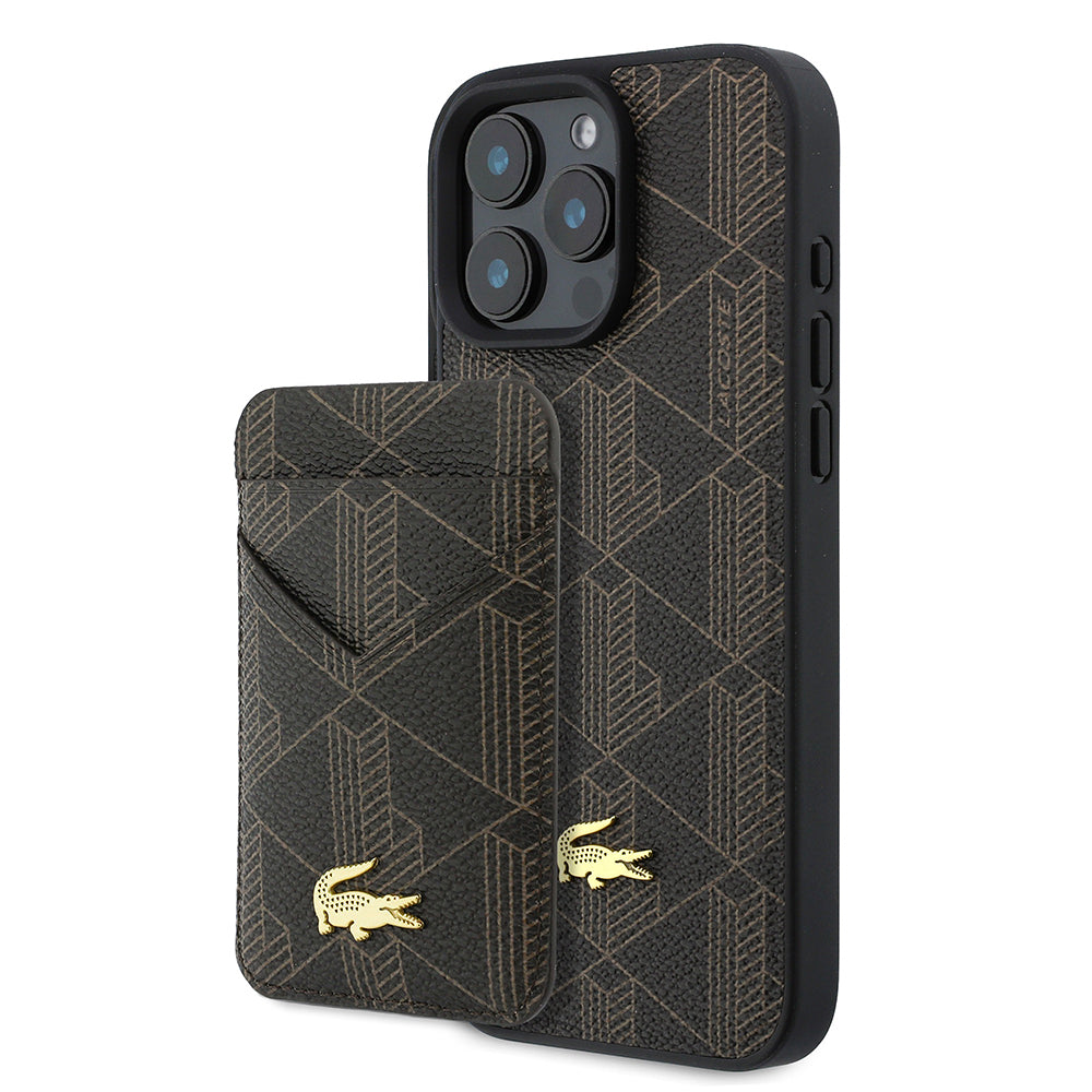 Apple iPhone 16 Pro Max Kılıf Lacoste Orjinal Lisanslı M-safe Şarj Özellikli PU Deri Tasarımlı Kartlıklı Karışık Monogram Desenli Kapak Kahverengi