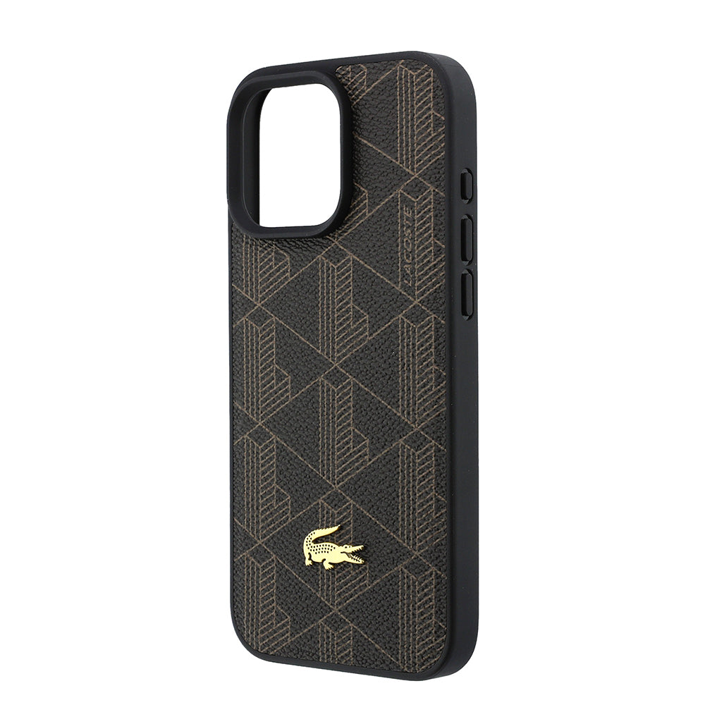 Apple iPhone 16 Pro Max Kılıf Lacoste Orjinal Lisanslı M-safe Şarj Özellikli PU Deri Tasarımlı Kartlıklı Karışık Monogram Desenli Kapak Kahverengi