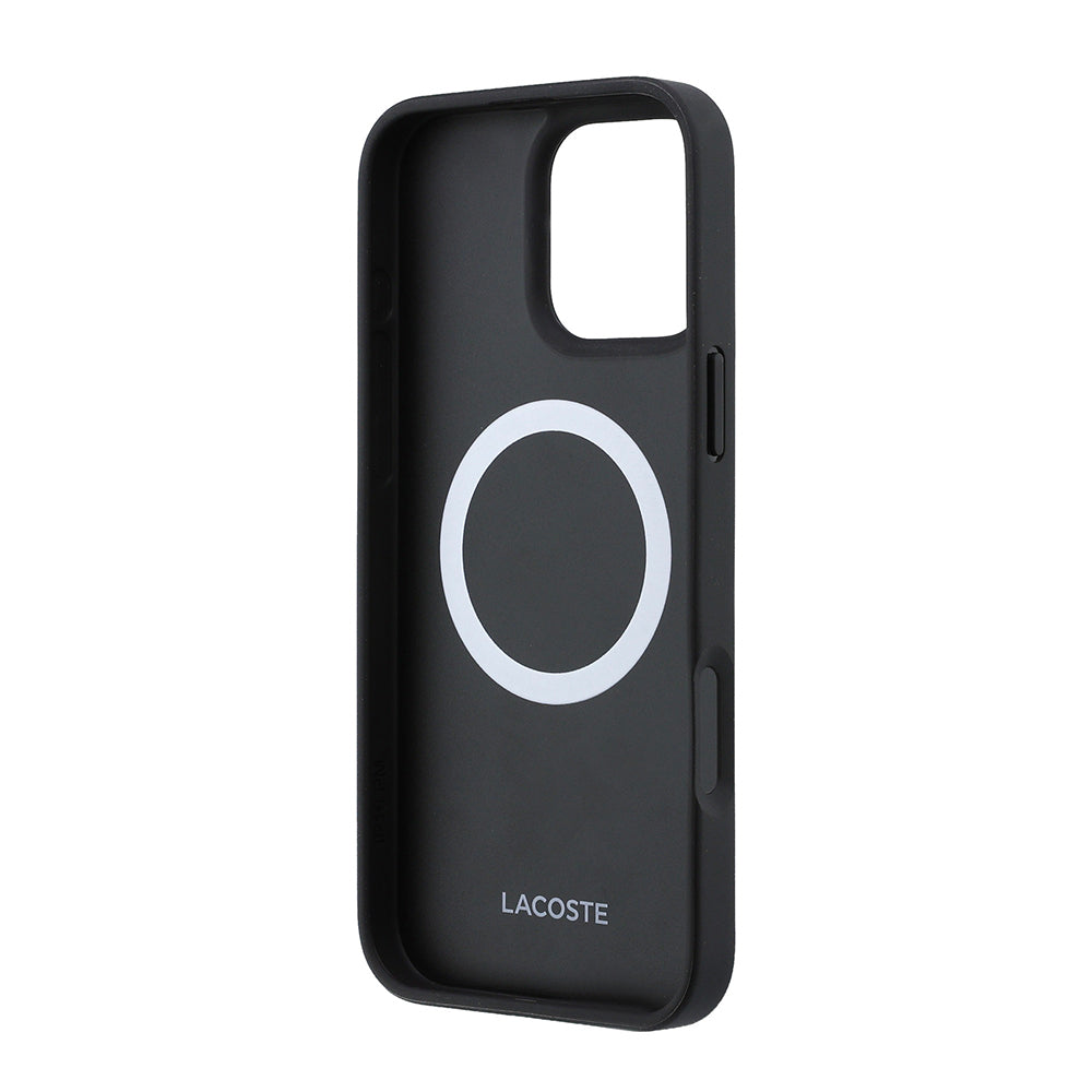 Apple iPhone 16 Pro Max Kılıf Lacoste Orjinal Lisanslı M-safe Şarj Özellikli PU Deri Tasarımlı Kartlıklı Karışık Monogram Desenli Kapak Kahverengi
