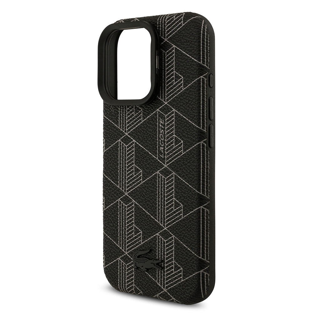 Apple iPhone 16 Pro Max Kılıf Lacoste Orjinal Lisanslı M-safe Şarj Özellikli Standlı PU Deri Karışık Monogram Desenli Kapak Siyah