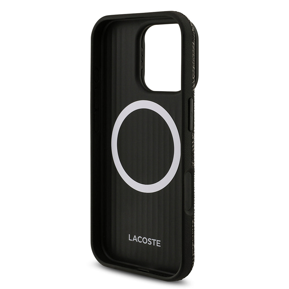 Apple iPhone 16 Pro Max Kılıf Lacoste Orjinal Lisanslı M-safe Şarj Özellikli Standlı PU Deri Karışık Monogram Desenli Kapak Siyah