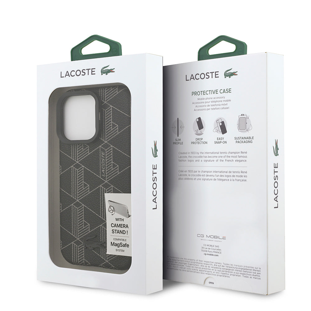 Apple iPhone 16 Pro Max Kılıf Lacoste Orjinal Lisanslı M-safe Şarj Özellikli Standlı PU Deri Karışık Monogram Desenli Kapak Siyah