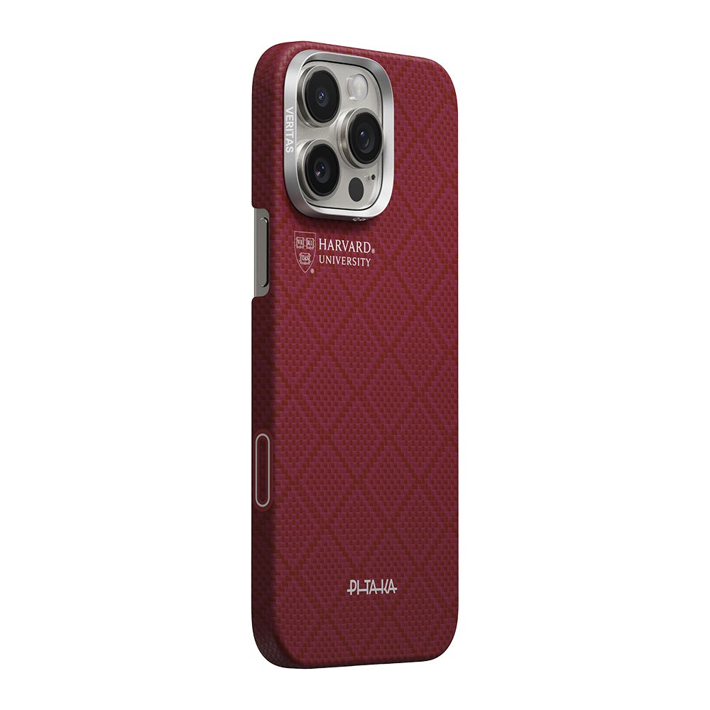 Apple iPhone 16 Pro Max Kılıf M-safe Şarj Özellikli Aramid Fiber Pitaka Harvard University Serisi Kapak Kırmızı