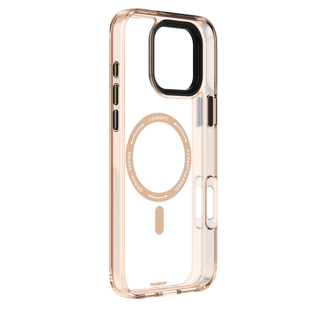 Apple iPhone 16 Pro Max Kılıf M-safe Şarj Özellikli Cam Arka Yüzey TPU Youngkit Gemstone Clear Serisi Kapak Gold