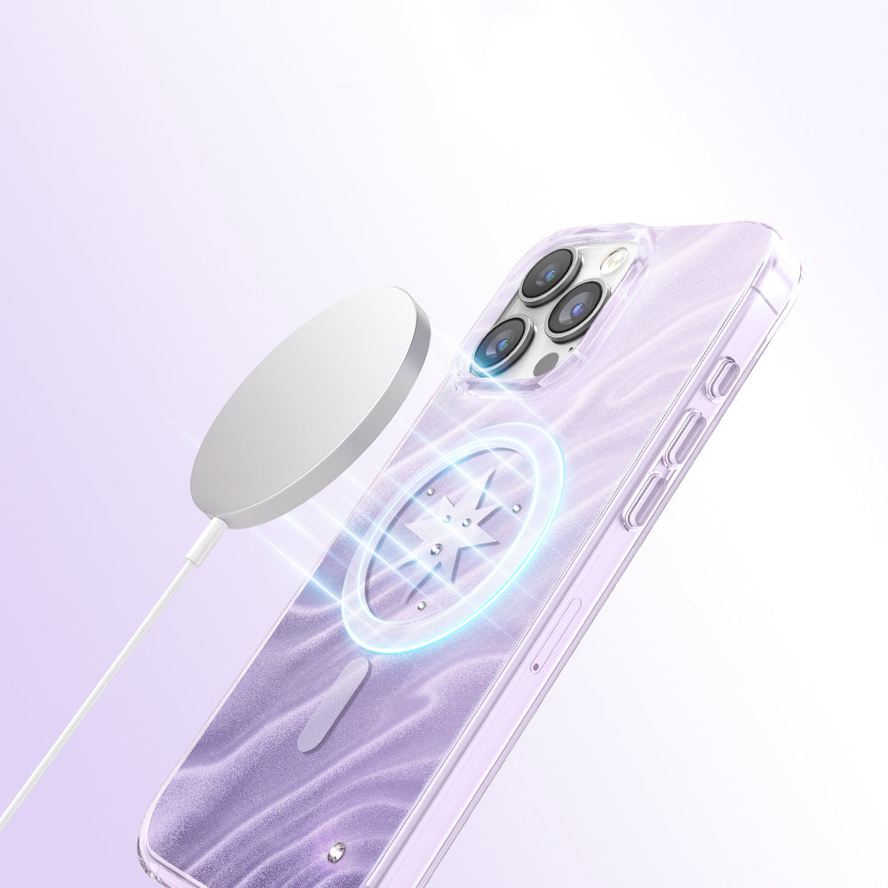 Apple iPhone 16 Pro Max Kılıf M-Safe Şarj Özellikli Orjinal Swarovski Taşlı Zore Paris Rovix Sert PC Kapak Açık Mor