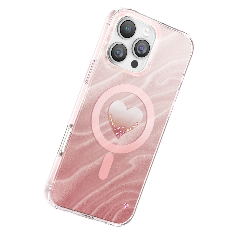 Apple iPhone 16 Pro Max Kılıf M-Safe Şarj Özellikli Orjinal Swarovski Taşlı Zore Paris Rovix Sert PC Kapak Pembe