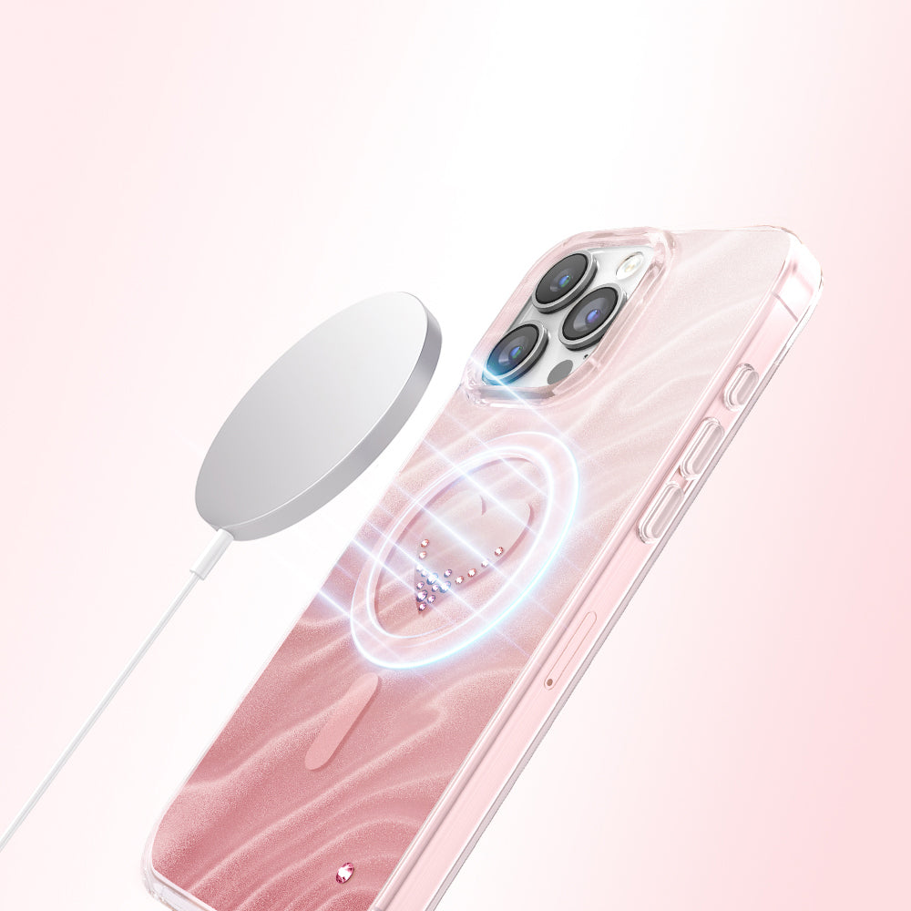 Apple iPhone 16 Pro Max Kılıf M-Safe Şarj Özellikli Orjinal Swarovski Taşlı Zore Paris Rovix Sert PC Kapak Pembe