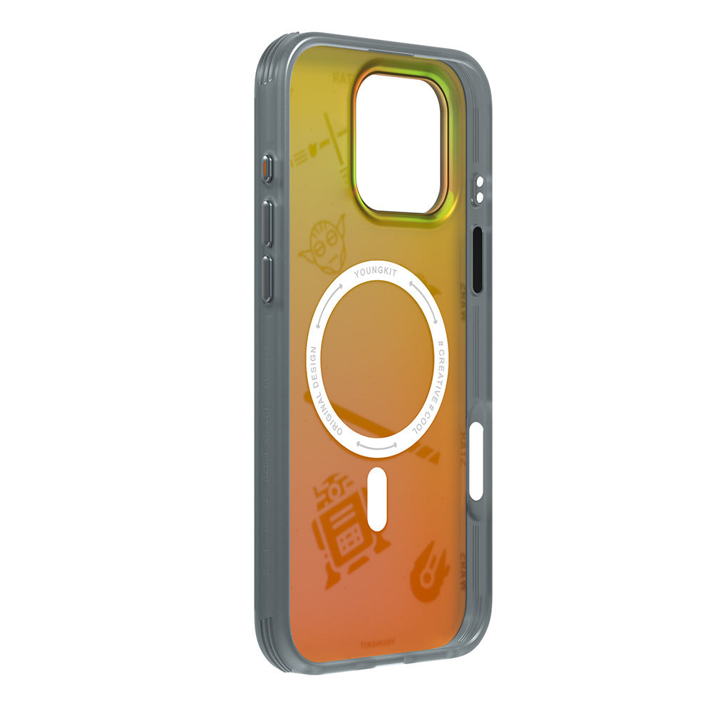 iPhone 16 Pro Max Kılıf Magsafe Şarj Özellikli Airbagli Hologram Tasarımlı Youngkit Interstellar Serisi Kılıf Siyah-Turuncu