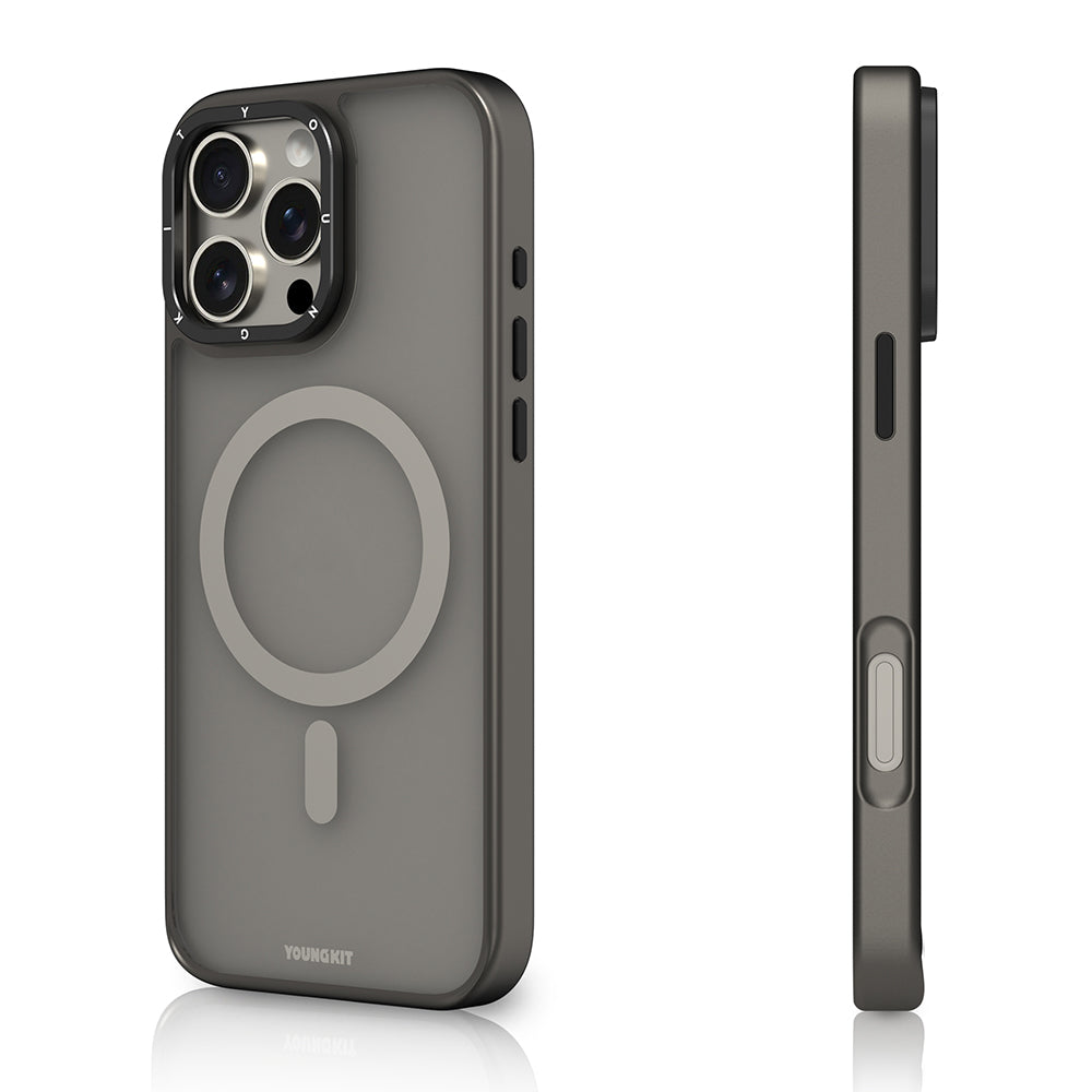 Apple iPhone 16 Pro Max Kılıf Magsafe Şarj Özellikli Cam Arka Yüzey TPU Youngkit Gemstone Serisi Kapak Gri