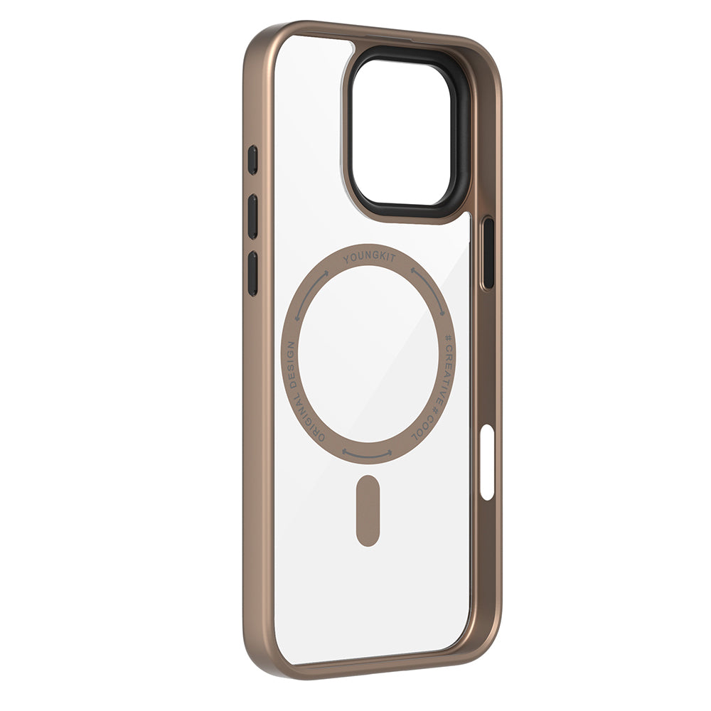 Apple iPhone 16 Pro Max Kılıf Magsafe Şarj Özellikli Cam Arka Yüzey TPU Youngkit Gemstone Serisi Kapak Gold