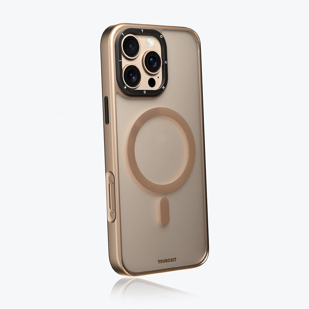 Apple iPhone 16 Pro Max Kılıf Magsafe Şarj Özellikli Cam Arka Yüzey TPU Youngkit Gemstone Serisi Kapak Gold