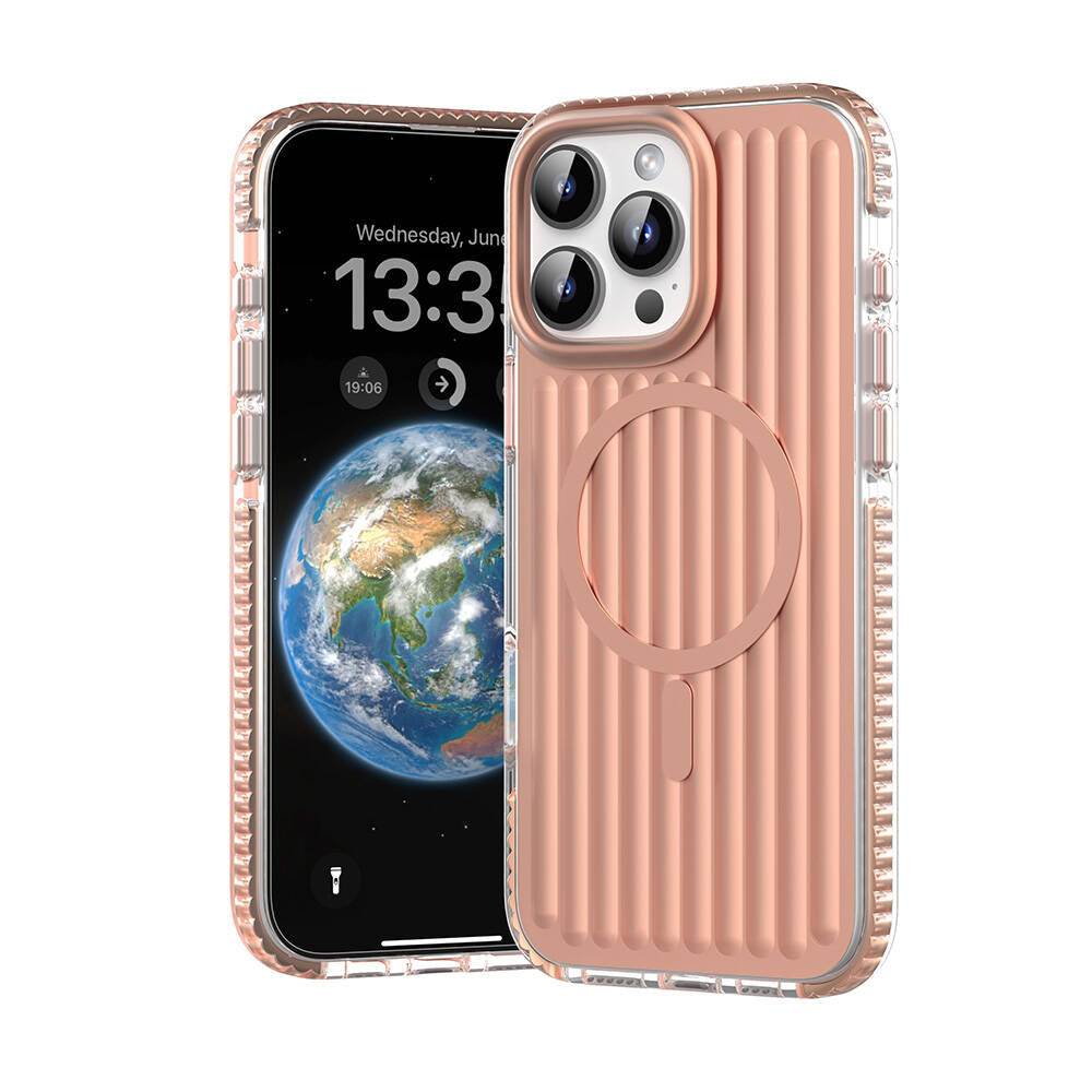 iPhone 16 Pro Max Kılıf Magsafe Şarj Özellikli Oyuklu Tasarım Mutural Bumpy Clear Kılıf Rose Gold