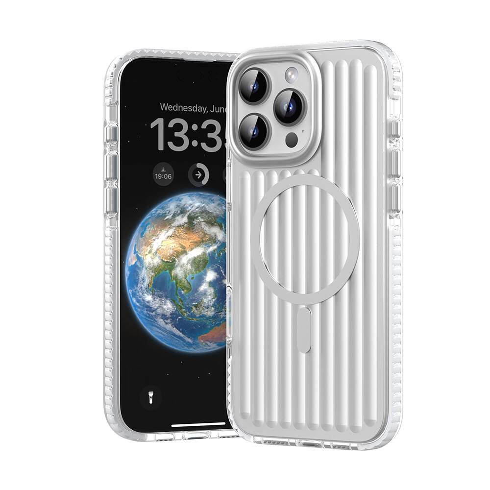 iPhone 16 Pro Max Kılıf Magsafe Şarj Özellikli Oyuklu Tasarım Mutural Bumpy Clear Kılıf Gümüş