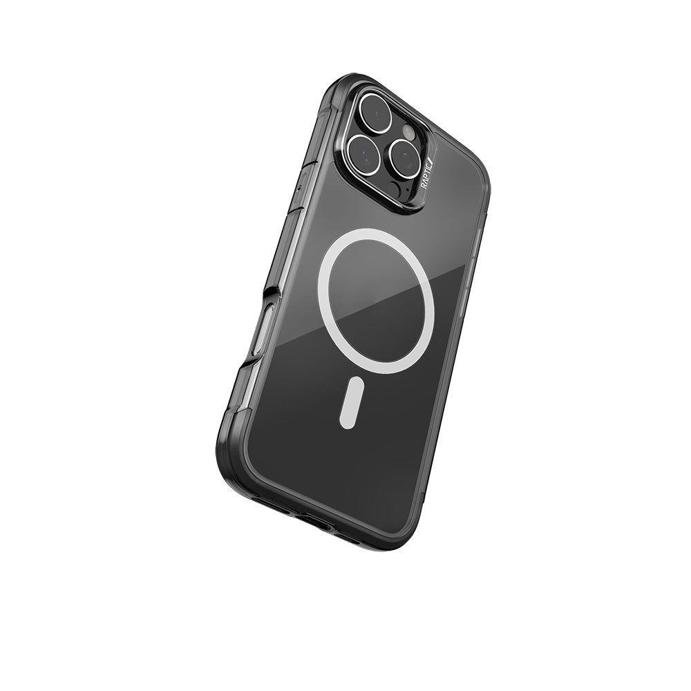 iPhone 16 Pro Max Kılıf Magsafe Şarj Özellikli Raptic Air Serisi Airbag Tasarımlı Metal Köşelikli Şeffaf Kılıf Siyah