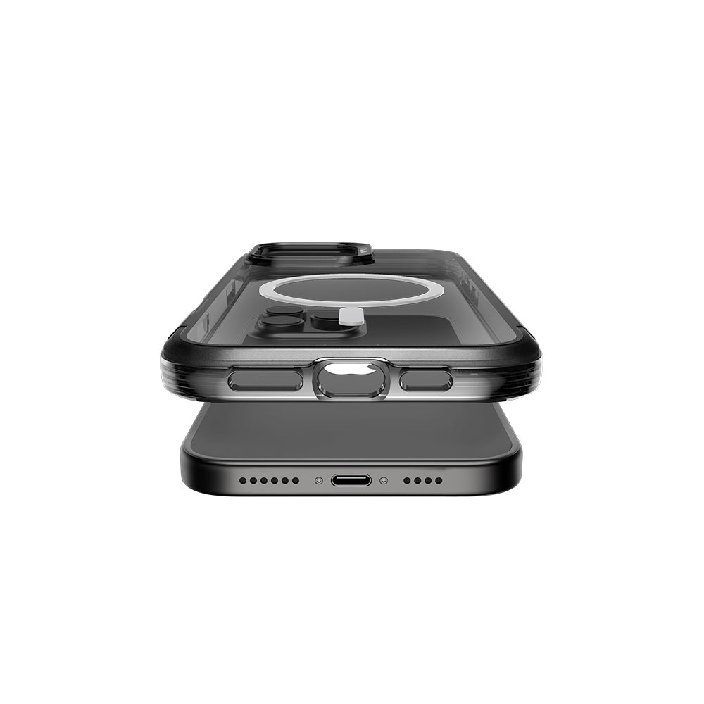 iPhone 16 Pro Max Kılıf Magsafe Şarj Özellikli Raptic Air Serisi Airbag Tasarımlı Metal Köşelikli Şeffaf Kılıf Siyah