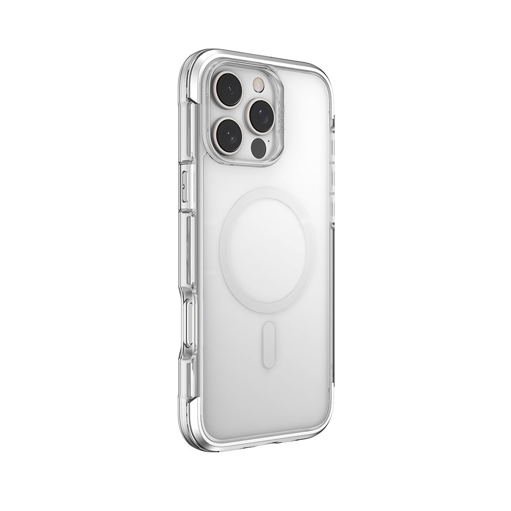 iPhone 16 Pro Max Kılıf Magsafe Şarj Özellikli Raptic Air Serisi Airbag Tasarımlı Metal Köşelikli Şeffaf Kılıf Gümüş