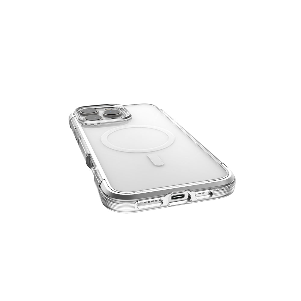 iPhone 16 Pro Max Kılıf Magsafe Şarj Özellikli Raptic Air Serisi Airbag Tasarımlı Metal Köşelikli Şeffaf Kılıf Gümüş
