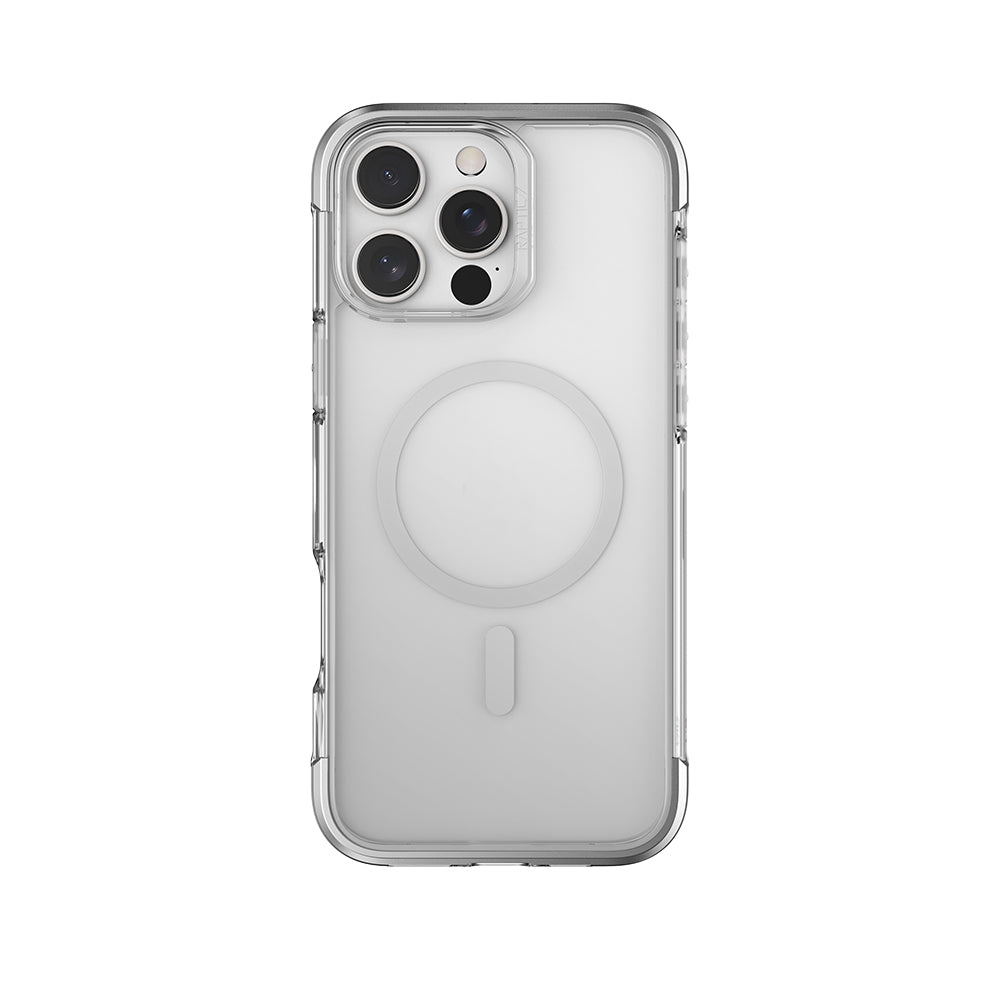 iPhone 16 Pro Max Kılıf Magsafe Şarj Özellikli Raptic Air Serisi Airbag Tasarımlı Metal Köşelikli Şeffaf Kılıf Gümüş