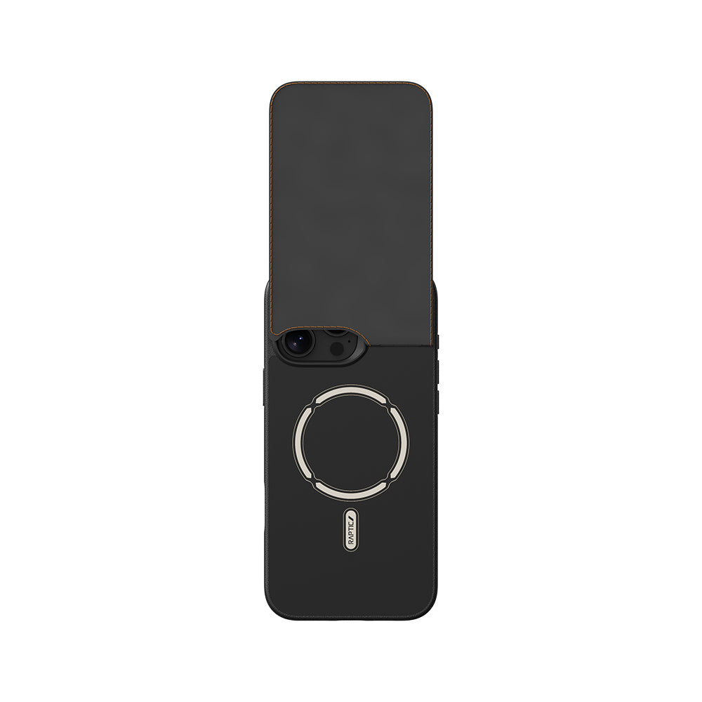 iPhone 16 Pro Max Kılıf Magsafe Şarj Özellikli Raptic Slim Wallet Serisi Deri Görünümlü Kartlıklı Standlı Kılıf Siyah