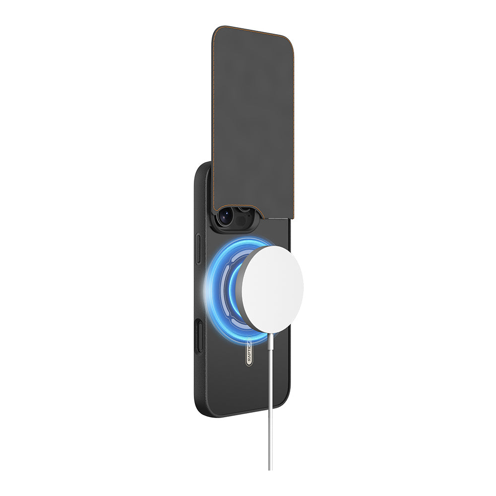 iPhone 16 Pro Max Kılıf Magsafe Şarj Özellikli Raptic Slim Wallet Serisi Deri Görünümlü Kartlıklı Standlı Kılıf Siyah