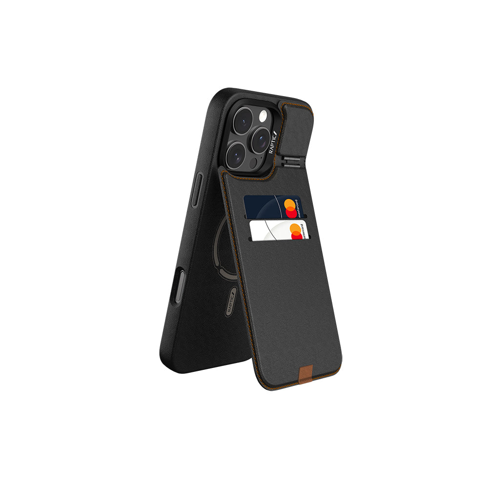 iPhone 16 Pro Max Kılıf Magsafe Şarj Özellikli Raptic Slim Wallet Serisi Deri Görünümlü Kartlıklı Standlı Kılıf Siyah