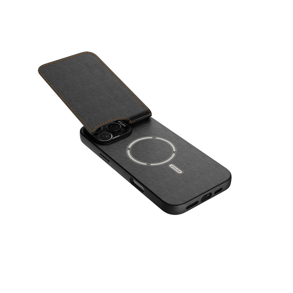 iPhone 16 Pro Max Kılıf Magsafe Şarj Özellikli Raptic Slim Wallet Serisi Deri Görünümlü Kartlıklı Standlı Kılıf Siyah