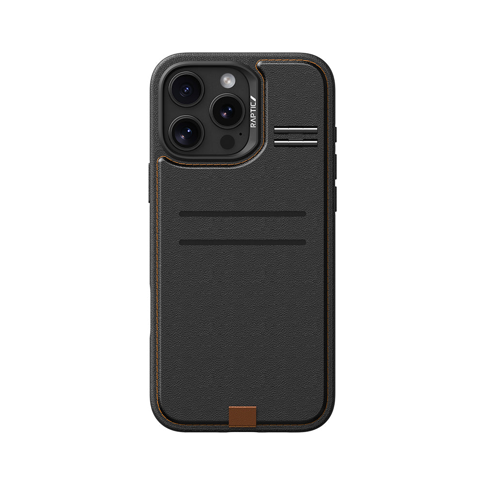 iPhone 16 Pro Max Kılıf Magsafe Şarj Özellikli Raptic Slim Wallet Serisi Deri Görünümlü Kartlıklı Standlı Kılıf Siyah