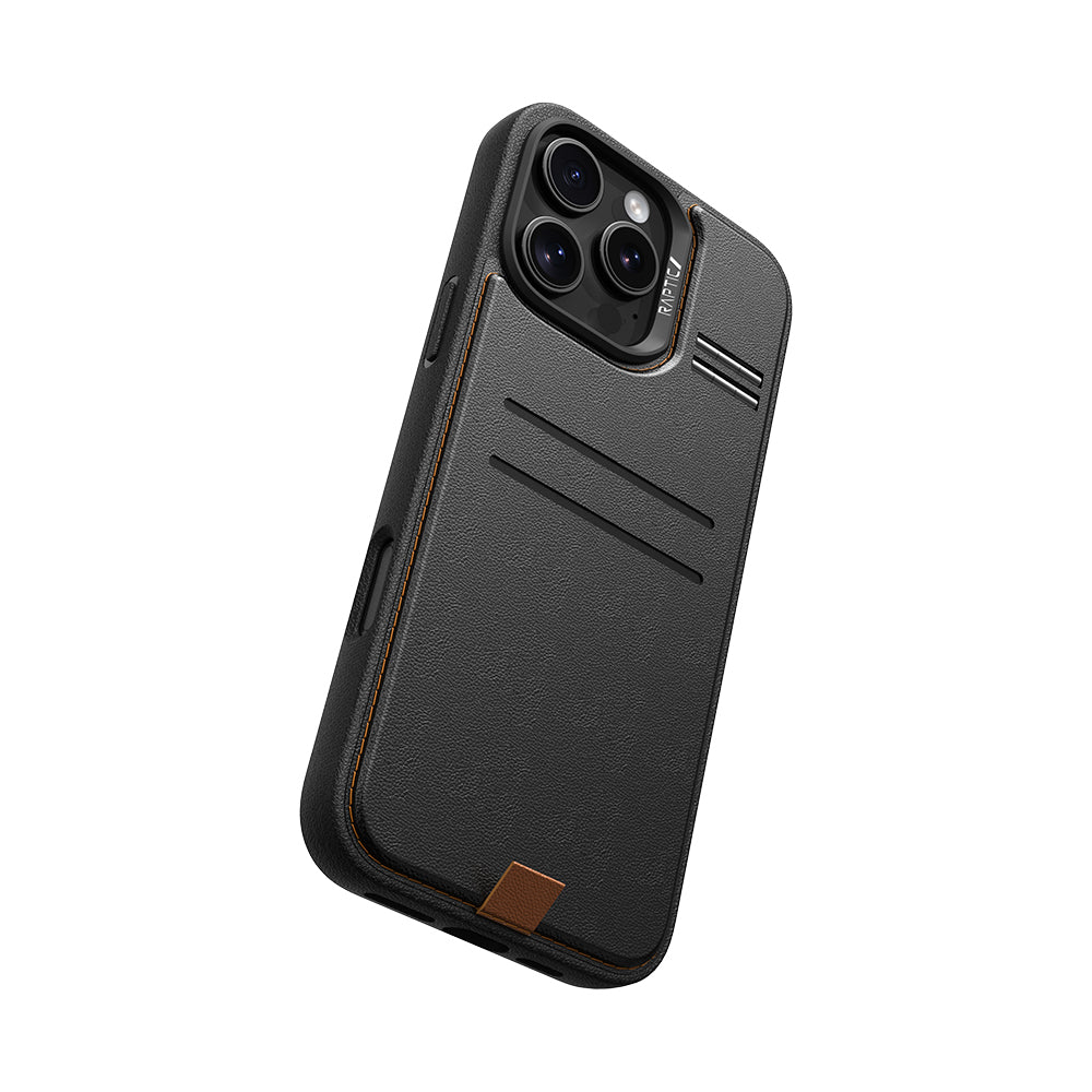 iPhone 16 Pro Max Kılıf Magsafe Şarj Özellikli Raptic Slim Wallet Serisi Deri Görünümlü Kartlıklı Standlı Kılıf Siyah