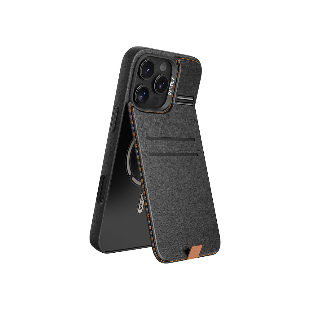iPhone 16 Pro Max Kılıf Magsafe Şarj Özellikli Raptic Slim Wallet Serisi Deri Görünümlü Kartlıklı Standlı Kılıf Siyah