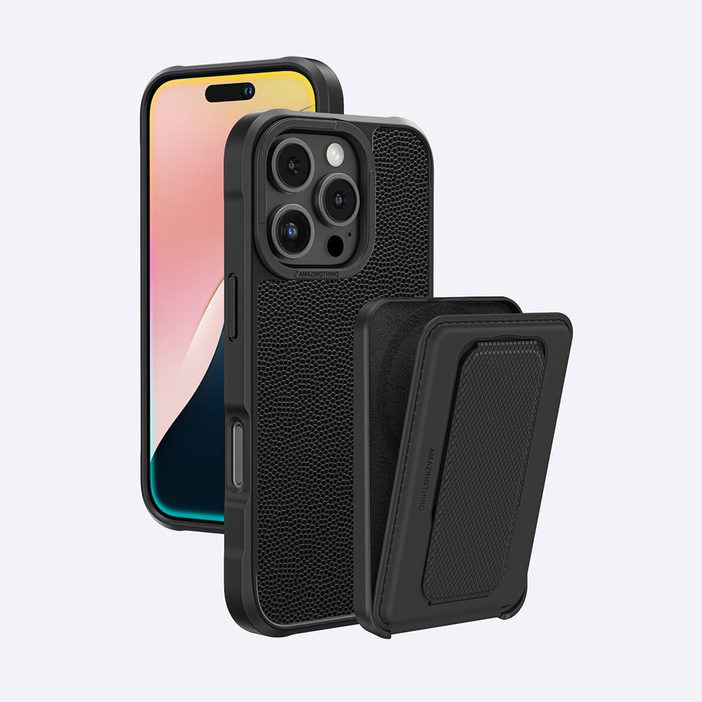 iPhone 16 Pro Max Kılıf Magsafe Şarj Özellikli Standlı Kartlıklı Set Amazingthing Glamour Luxe Serisi Kılıf Siyah