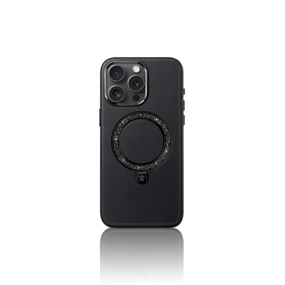 Apple iPhone 16 Pro Max Kılıf Magsafe Şarj Özellikli Standlı Suni Deri Tasarımlı Pynana Dancing Circle Serisi Kapak Siyah