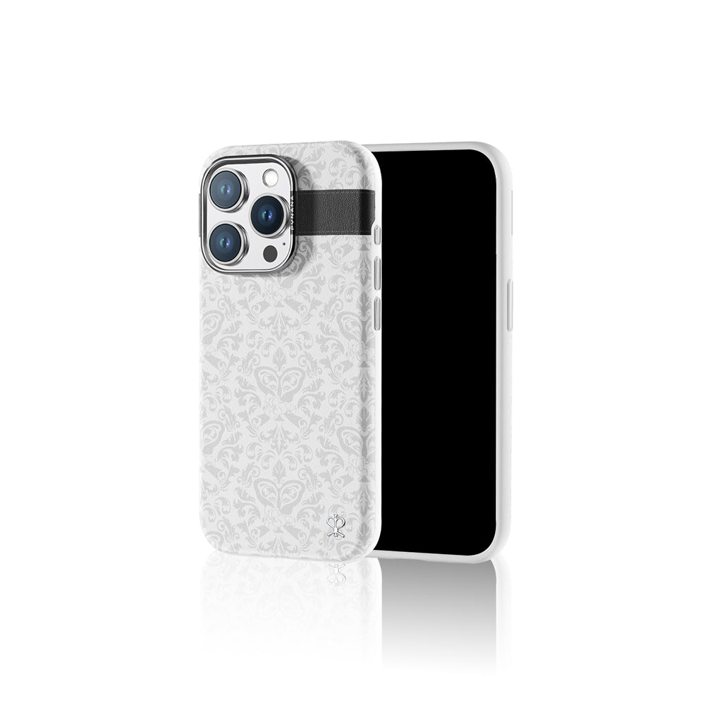 Apple iPhone 16 Pro Max Kılıf Magsafe Şarj Özellikli Suni Deri Tasarımlı Desenli Pynana Print Serisi Kapak Beyaz