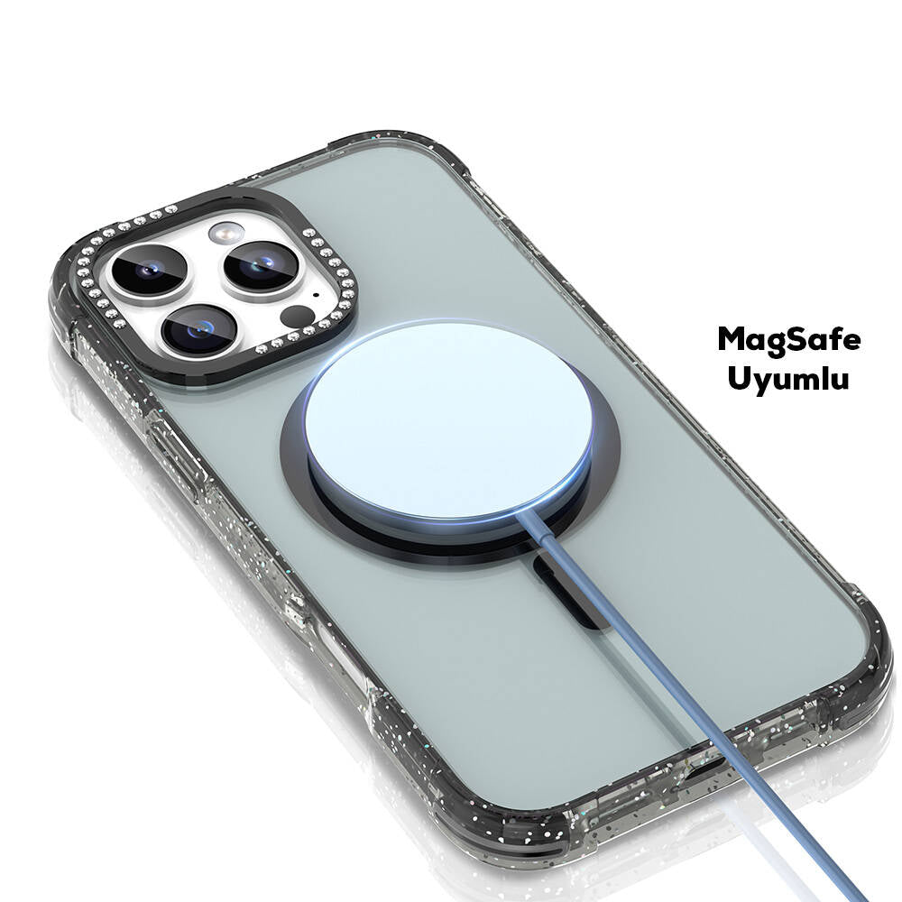 iPhone 16 Pro Max Kılıf Magsafe Şarj Özellikli Taşlı ve Simli Tasarım Mutural Blink Kılıf Mavi