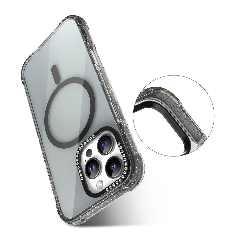 iPhone 16 Pro Max Kılıf Magsafe Şarj Özellikli Taşlı ve Simli Tasarım Mutural Blink Kılıf Mavi